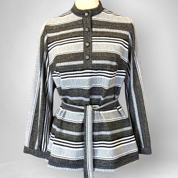 70’s Vintage Top Tunic Metallic Shirt Black Silver Polyester Blouse Size